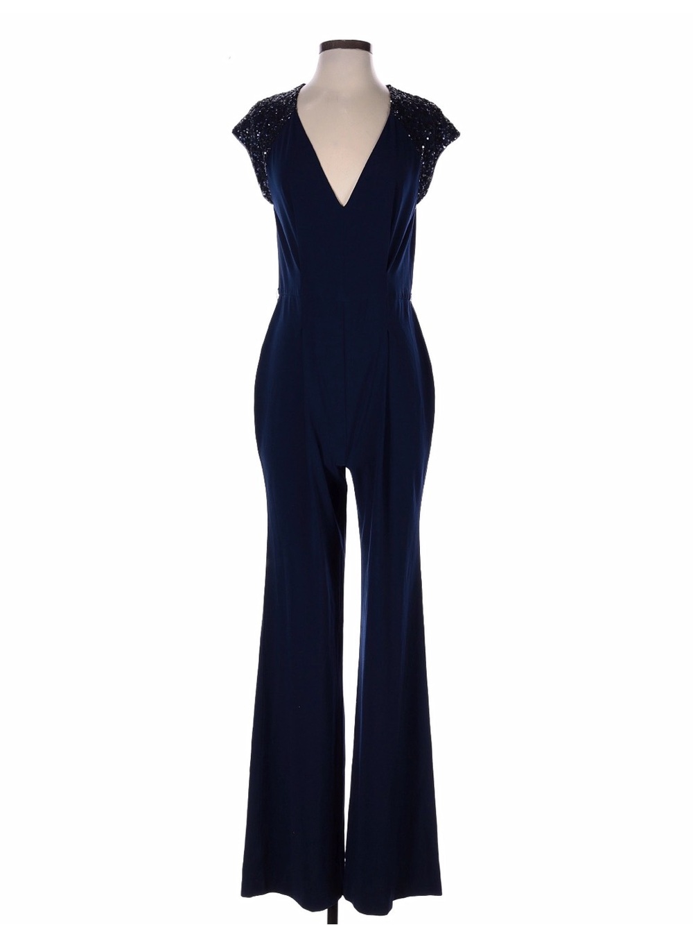 Halston Heritage Navy V-Neck Sequin-Cap Jumpsuit Size 4 Like New